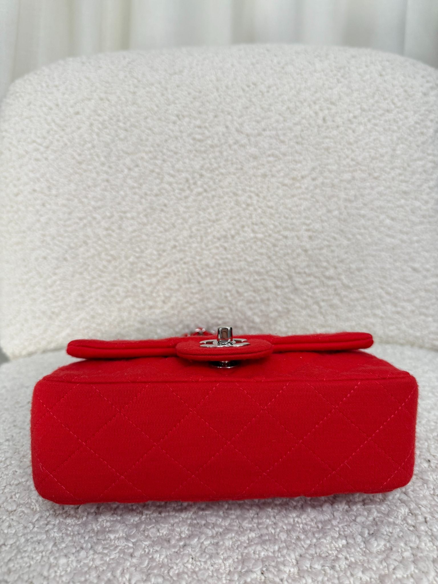 Chanel Mini Classic Single Flap Red Fabric Silver Hardware