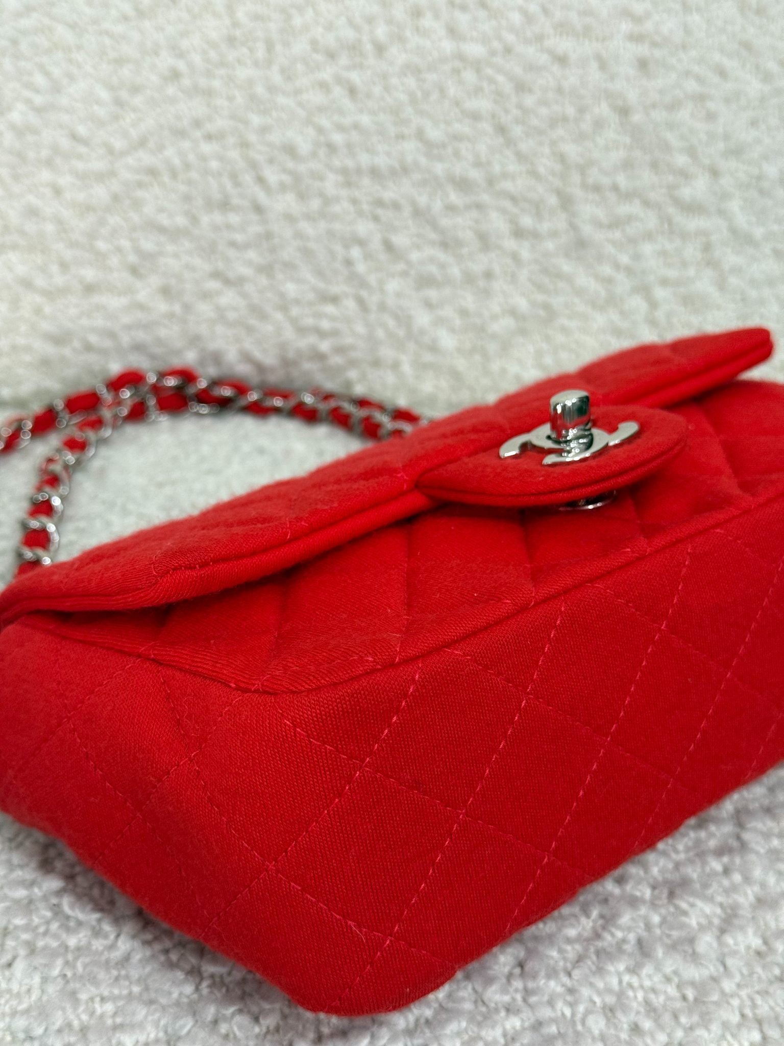 Chanel Mini Classic Single Flap Red Fabric Silver Hardware