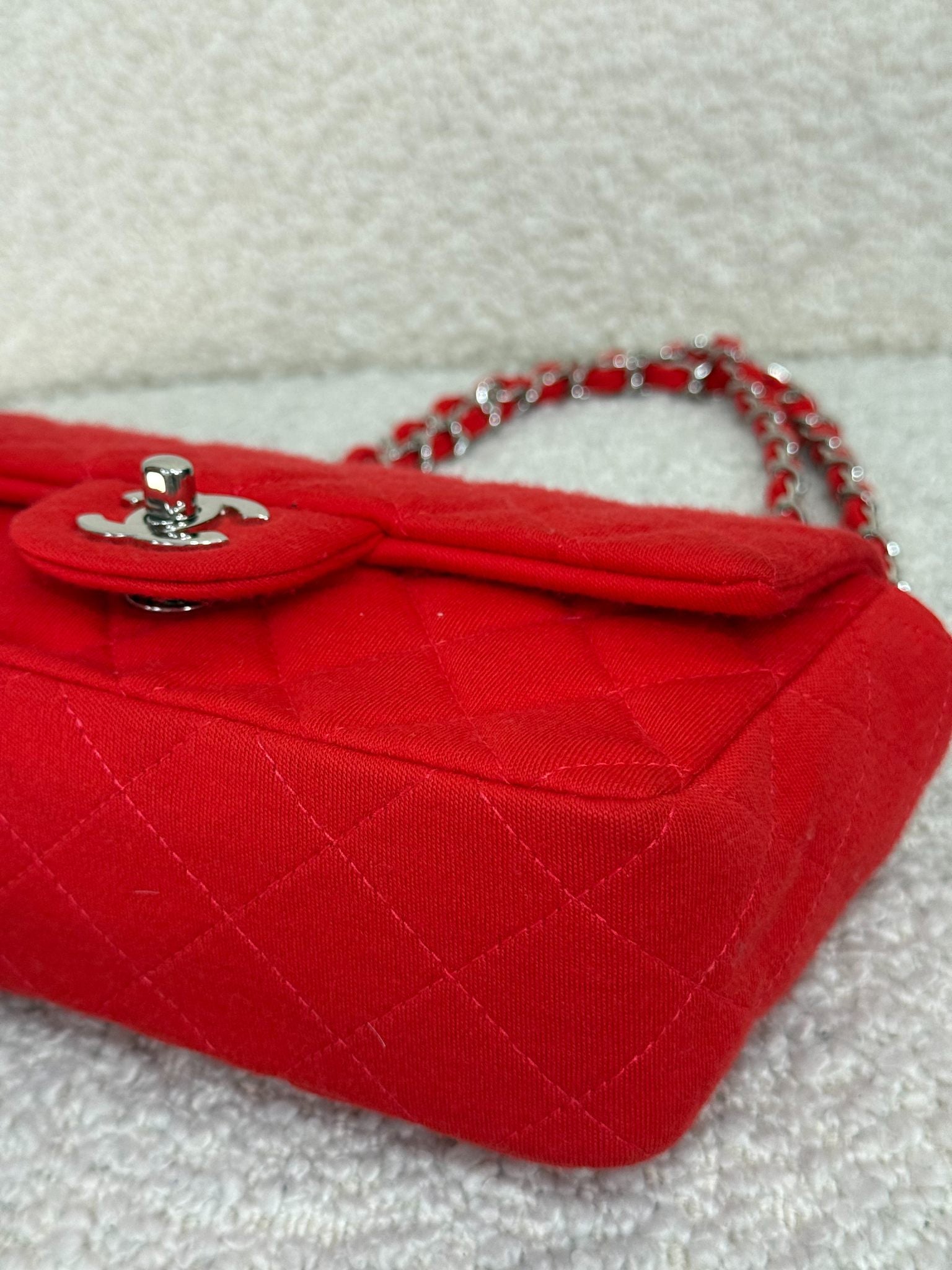 Chanel Mini Classic Single Flap Red Fabric Silver Hardware