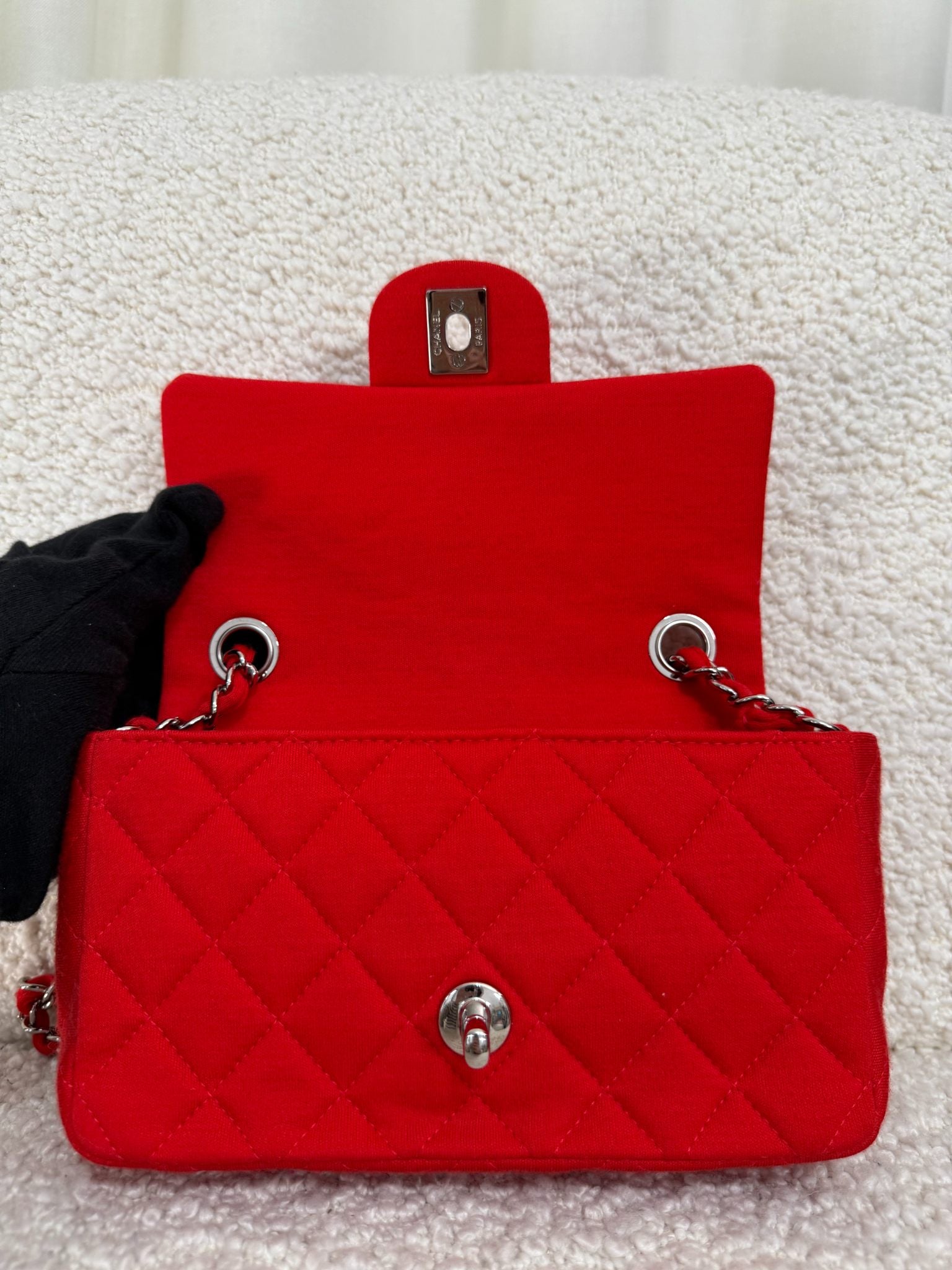 Chanel Mini Classic Single Flap Red Fabric Silver Hardware