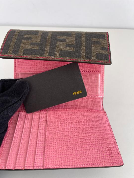 Fendi Vitello Elite Zucca Compact Wallet Tobacco Pink