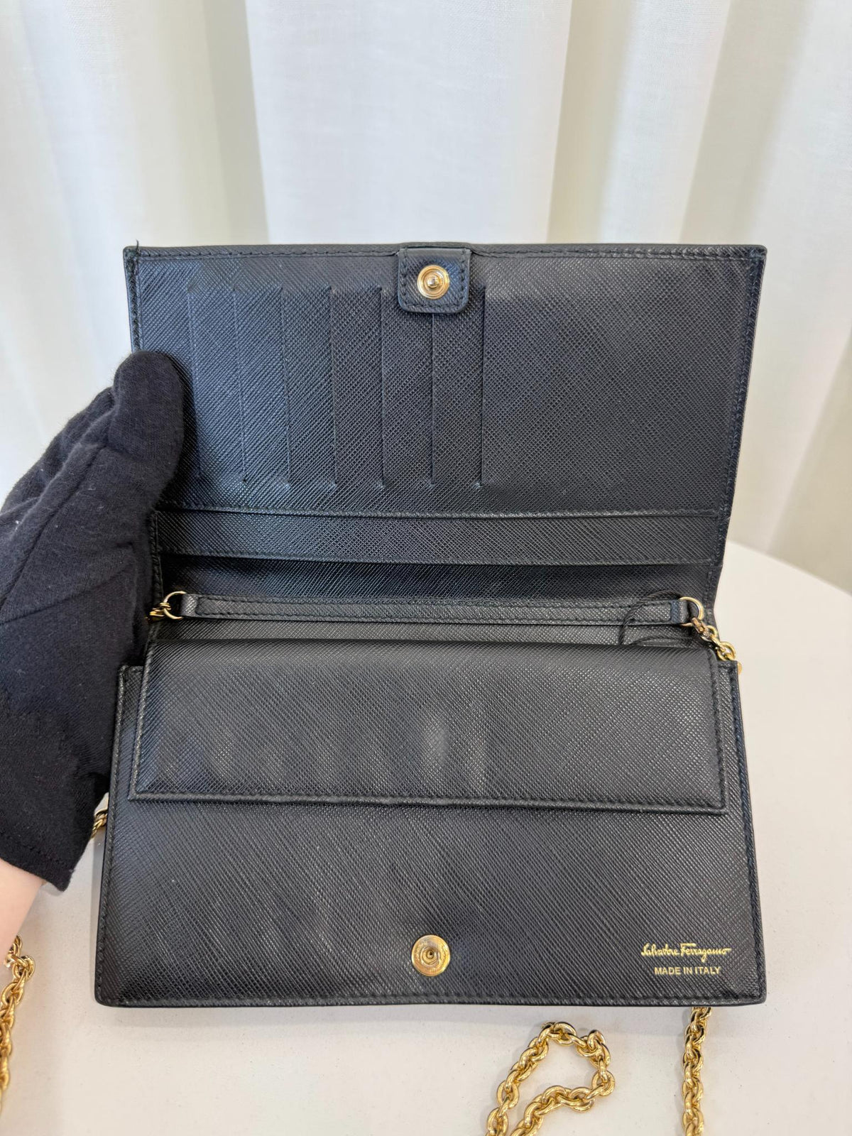 Salvatore Ferragamo Miss Vara Black Leather Wallet on Chain