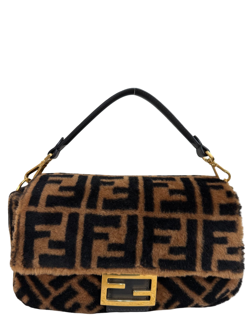 Fendi Black/Brown FF Zucca Shearling Baguette Bag