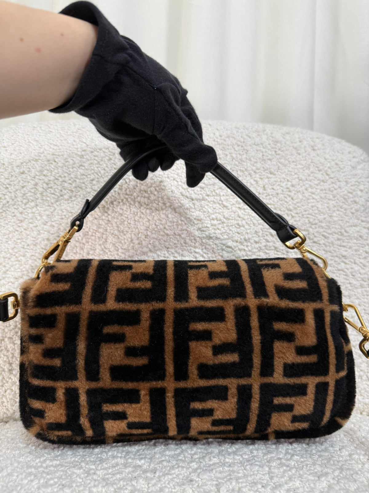 Fendi Black/Brown FF Zucca Shearling Baguette Bag