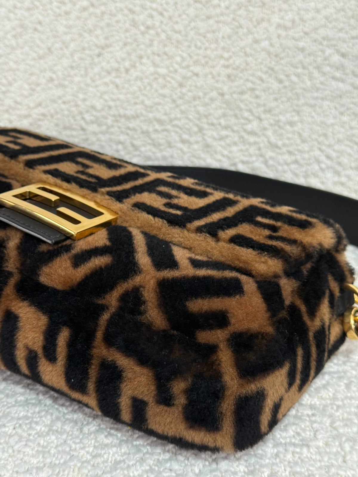 Fendi Black/Brown FF Zucca Shearling Baguette Bag