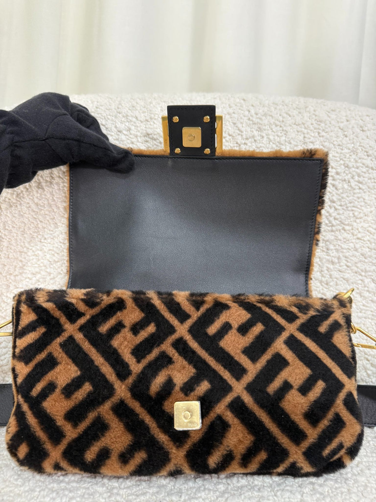 Fendi Black/Brown FF Zucca Shearling Baguette Bag