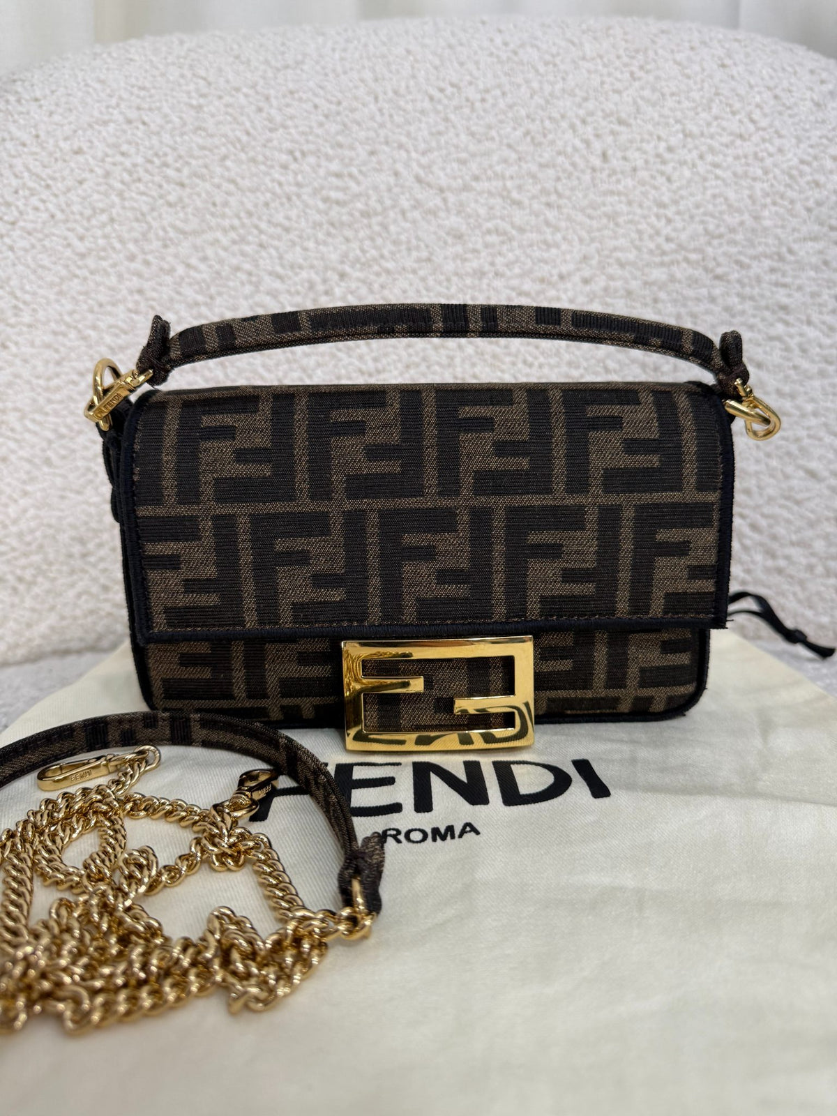 Fendi Mini Baguette Brown FF Jacquard Fabric Bag
