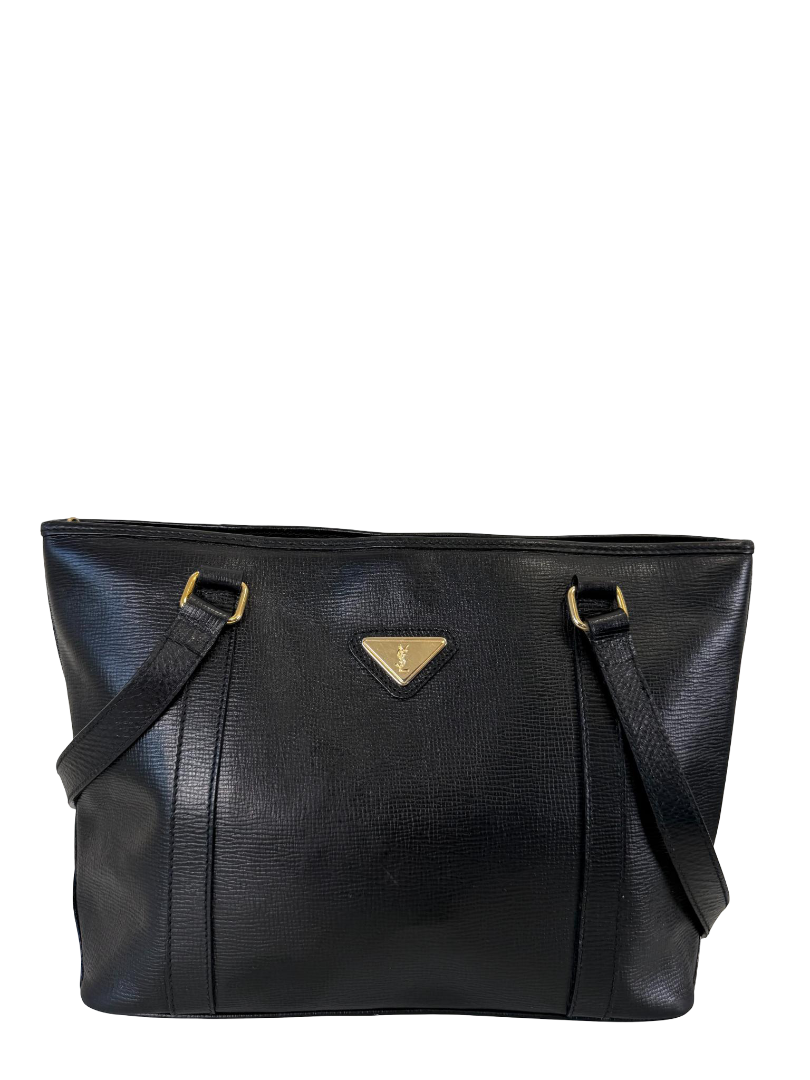 Yves Saint Laurent Vintage Logo Plaque Black Leather Tote