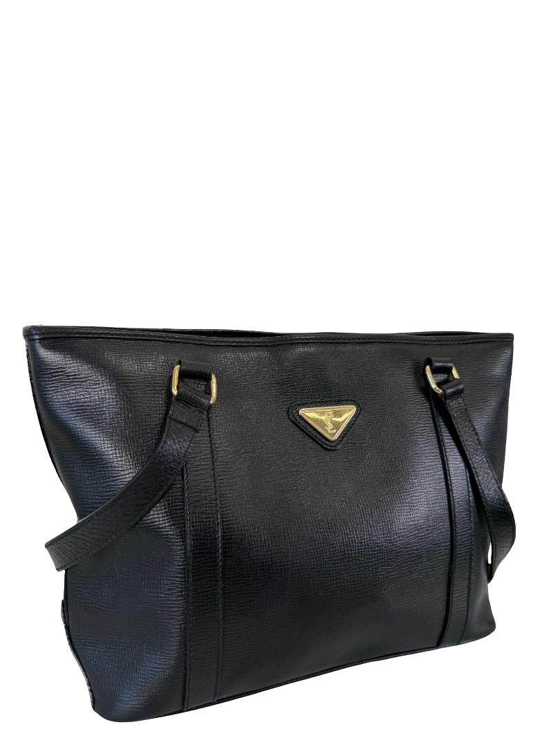 Yves Saint Laurent Vintage Logo Plaque Black Leather Tote