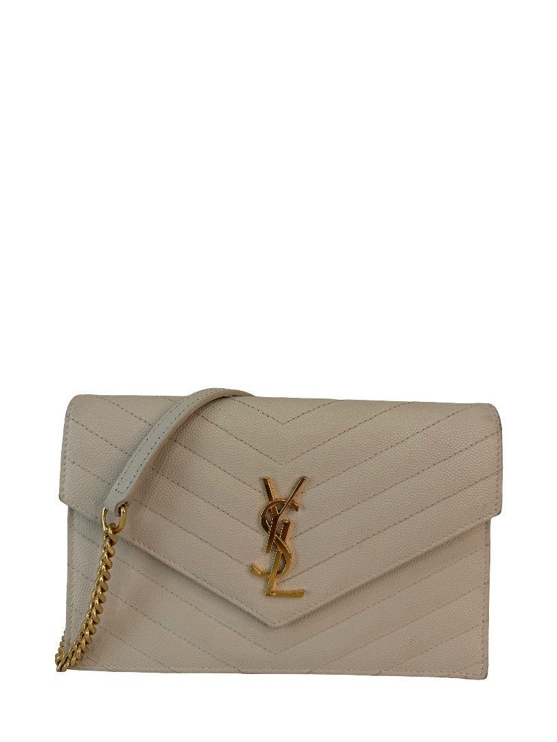 Saint Laurent Cassandre Envelope Ivory Grain De Poudre Wallet on Chain