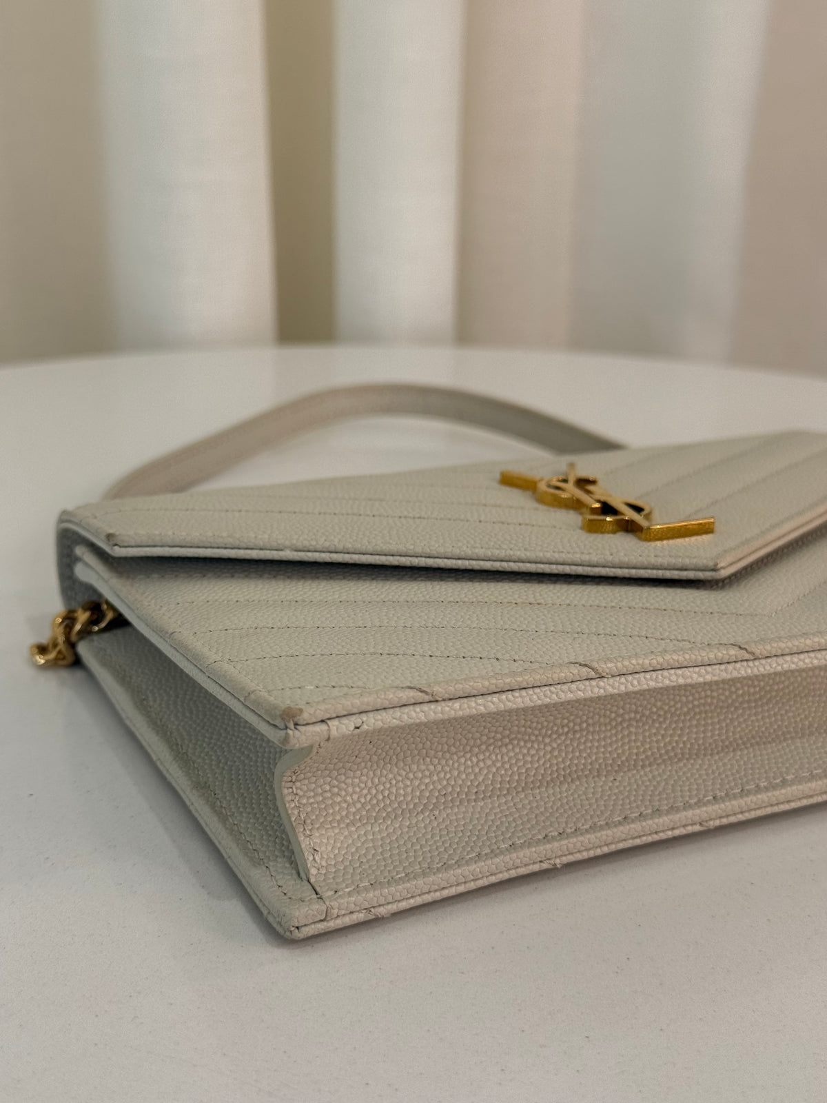 Saint Laurent Cassandre Envelope Ivory Grain De Poudre Wallet on Chain