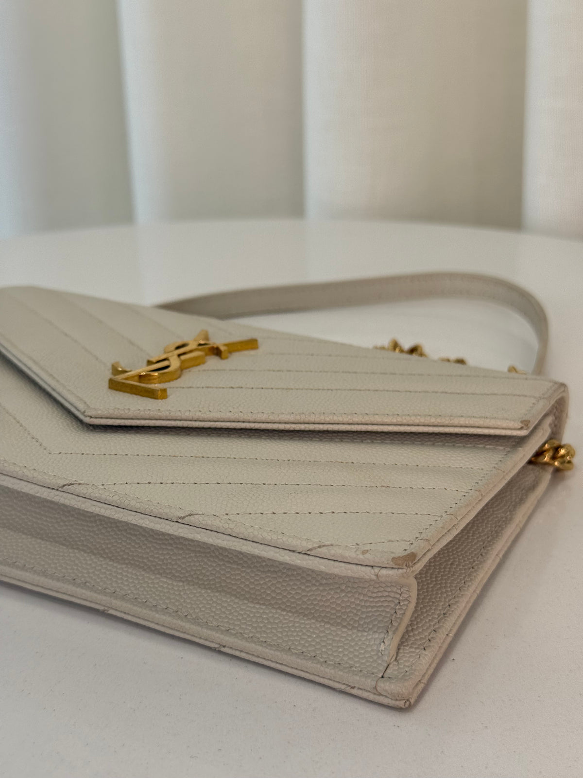 Saint Laurent Cassandre Envelope Ivory Grain De Poudre Wallet on Chain