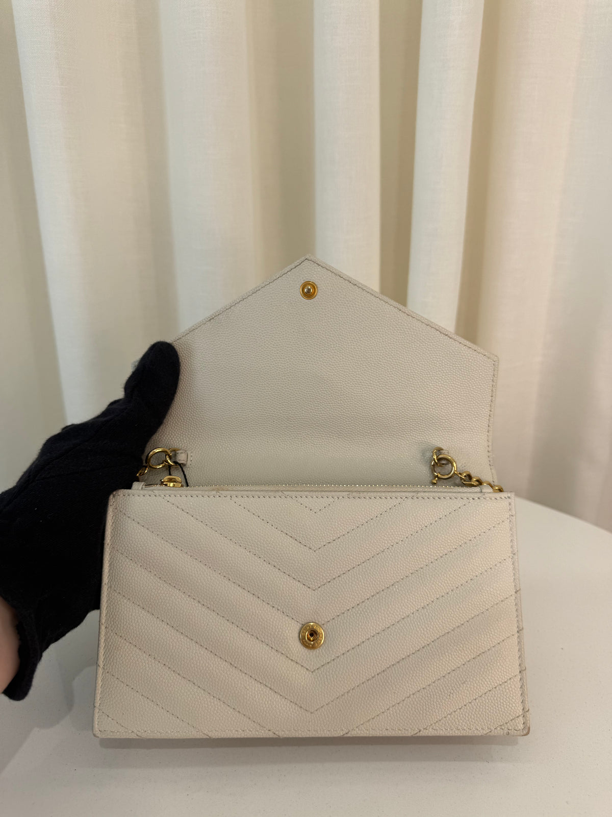 Saint Laurent Cassandre Envelope Ivory Grain De Poudre Wallet on Chain