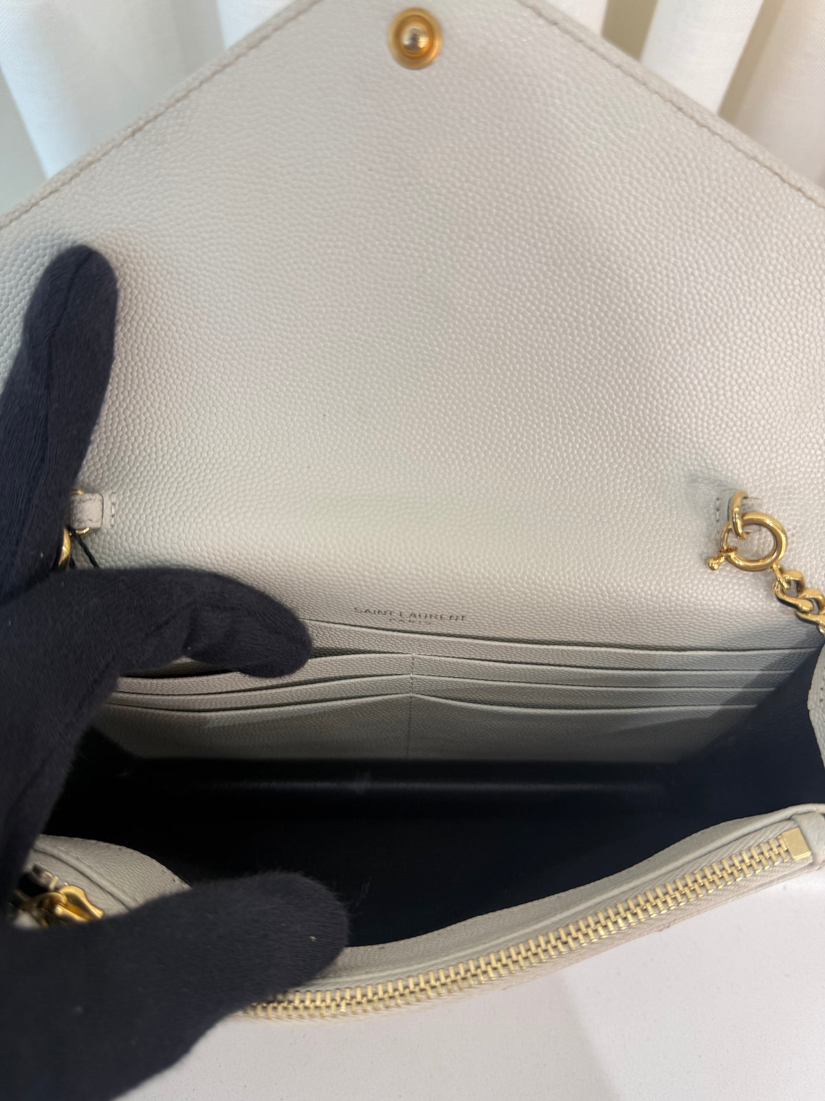 Saint Laurent Cassandre Envelope Ivory Grain De Poudre Wallet on Chain