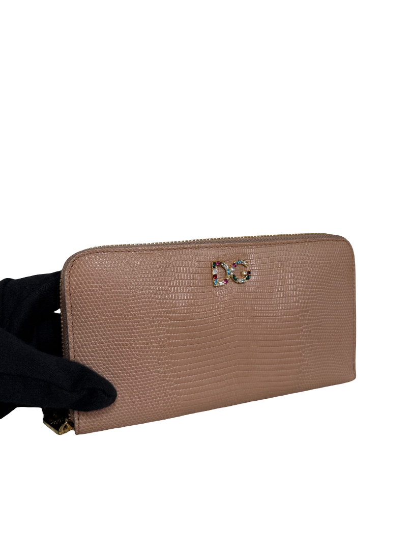 Dolce Gabbana Beige Lizard Embossed DG Crystal Zip Around Wallet
