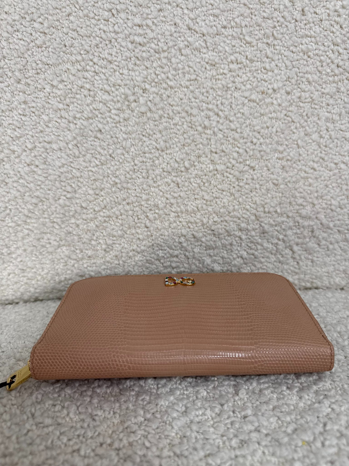 Dolce Gabbana Beige Lizard Embossed DG Crystal Zip Around Wallet