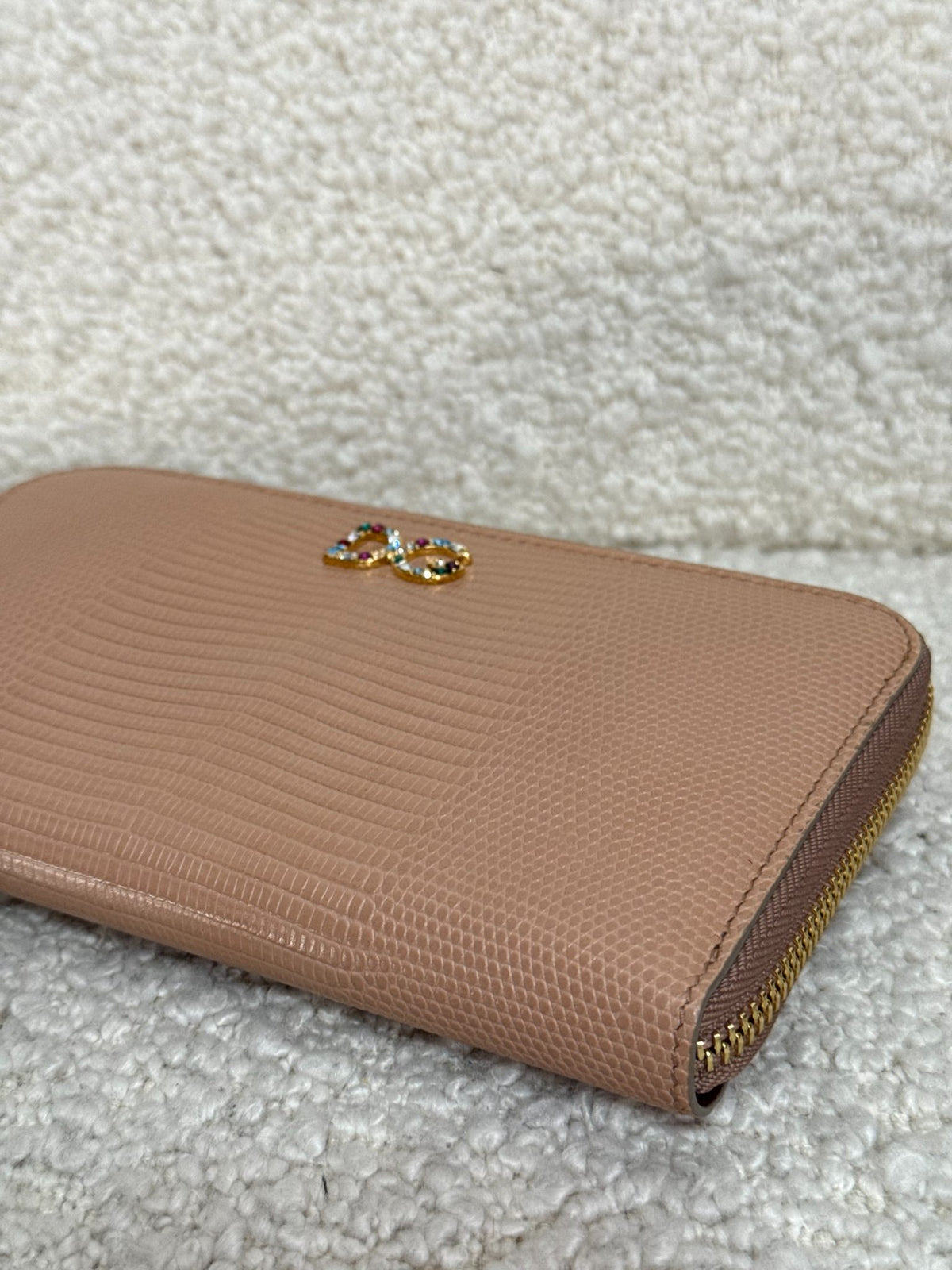 Dolce Gabbana Beige Lizard Embossed DG Crystal Zip Around Wallet
