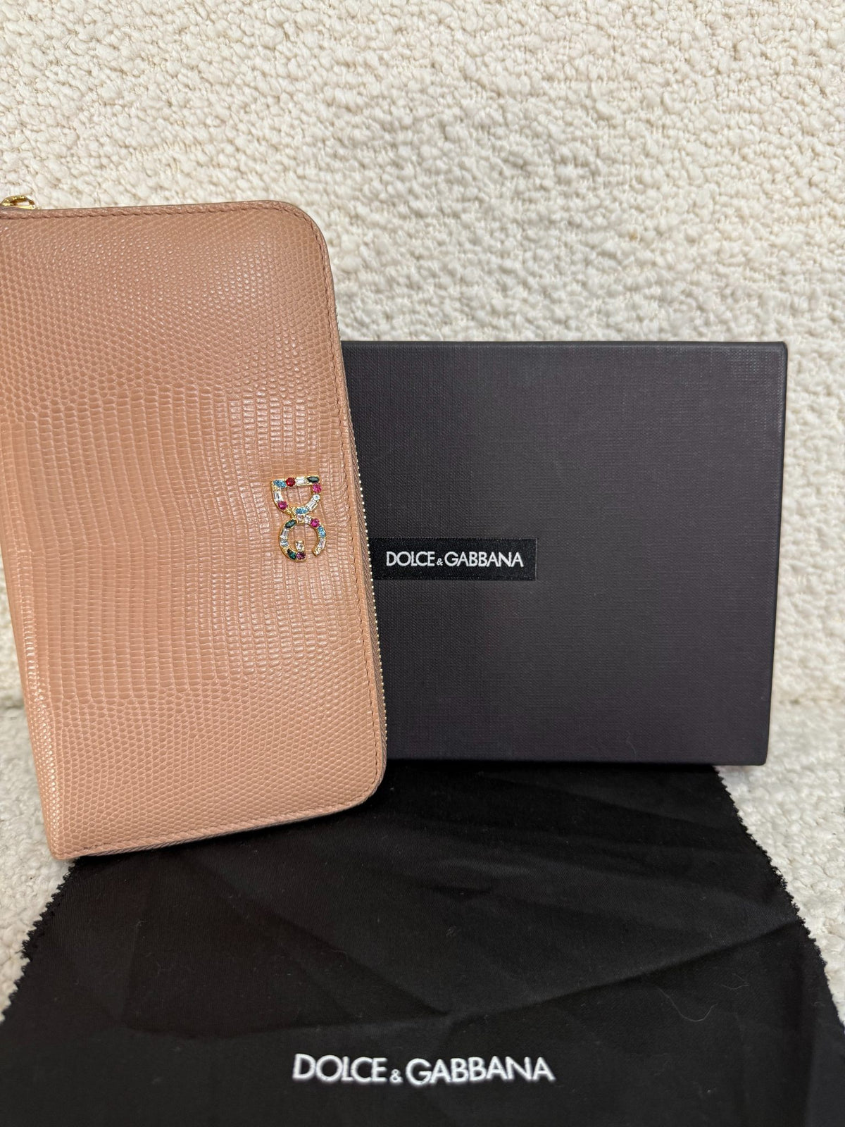 Dolce Gabbana Beige Lizard Embossed DG Crystal Zip Around Wallet