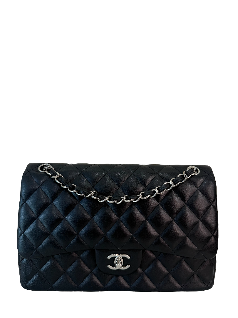 Chanel Classic Jumbo Black Quilted Lambskin Leather Double Flap Bag