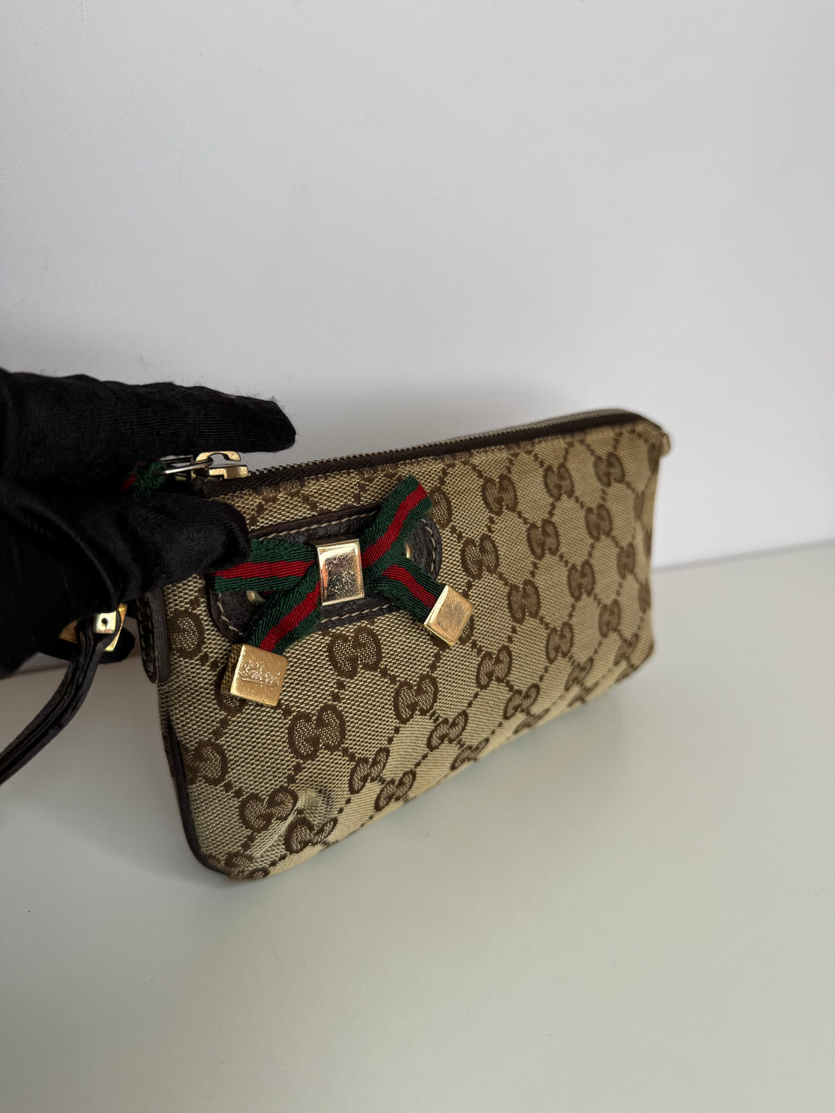 Gucci Beige/Brown GG Canvas Web Wristlet Pouch