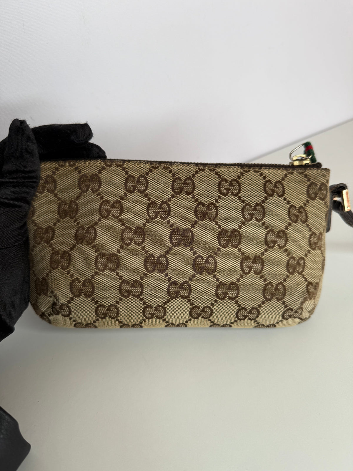 Gucci Beige/Brown GG Canvas Web Wristlet Pouch