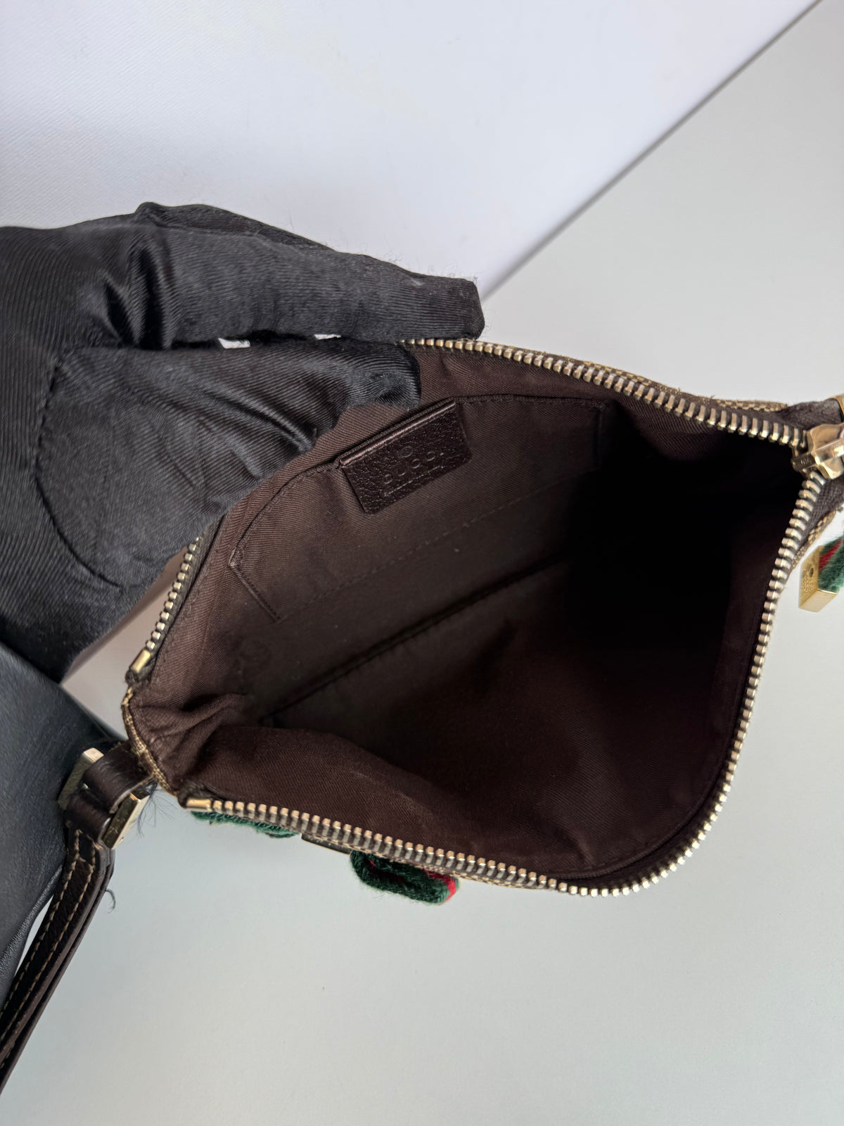 Gucci Beige/Brown GG Canvas Web Wristlet Pouch