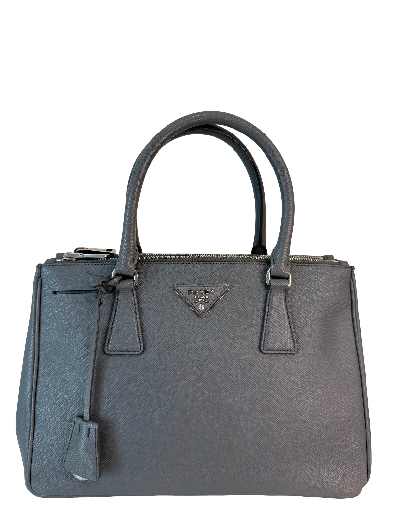Prada Saffiano Small Galleria Double Zip Tote Gray