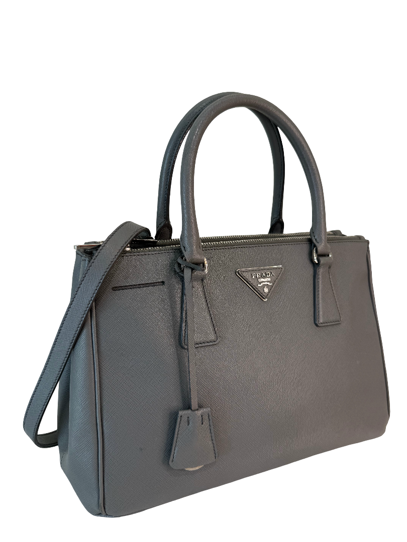 Prada Saffiano Small Galleria Double Zip Tote Gray