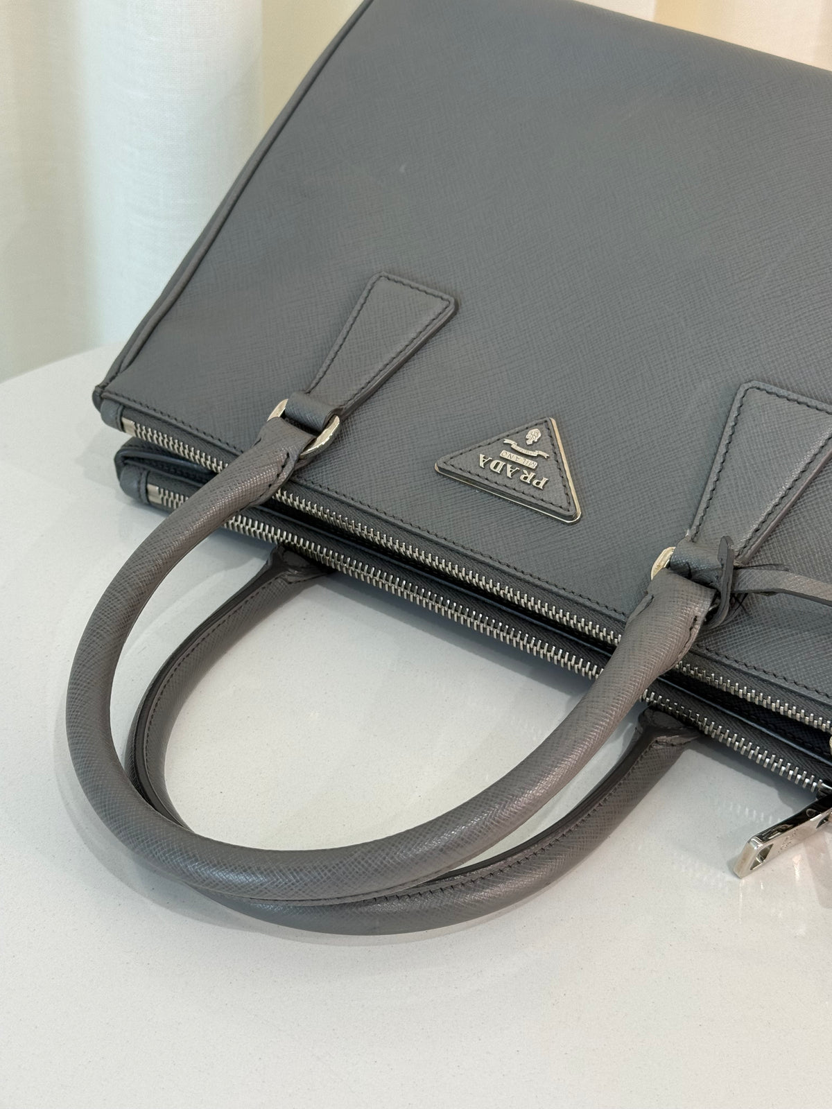 Prada Saffiano Small Galleria Double Zip Tote Gray