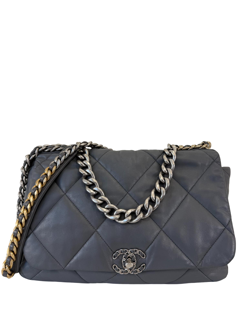 Chanel 19 Maxi Grey Leather Quilted Calfskin Flap Bag