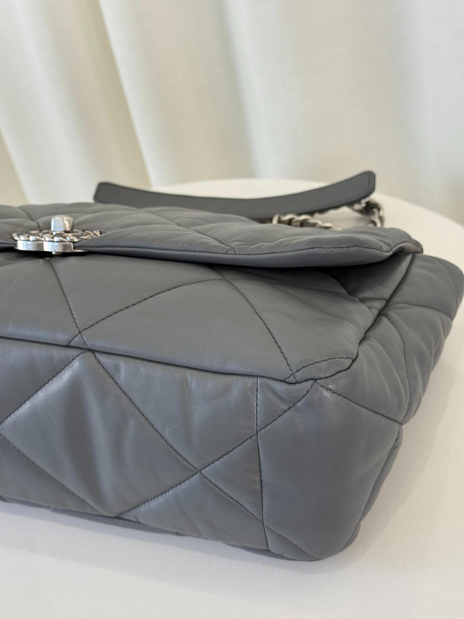 Chanel 19 Maxi Grey Leather Quilted Calfskin Flap Bag