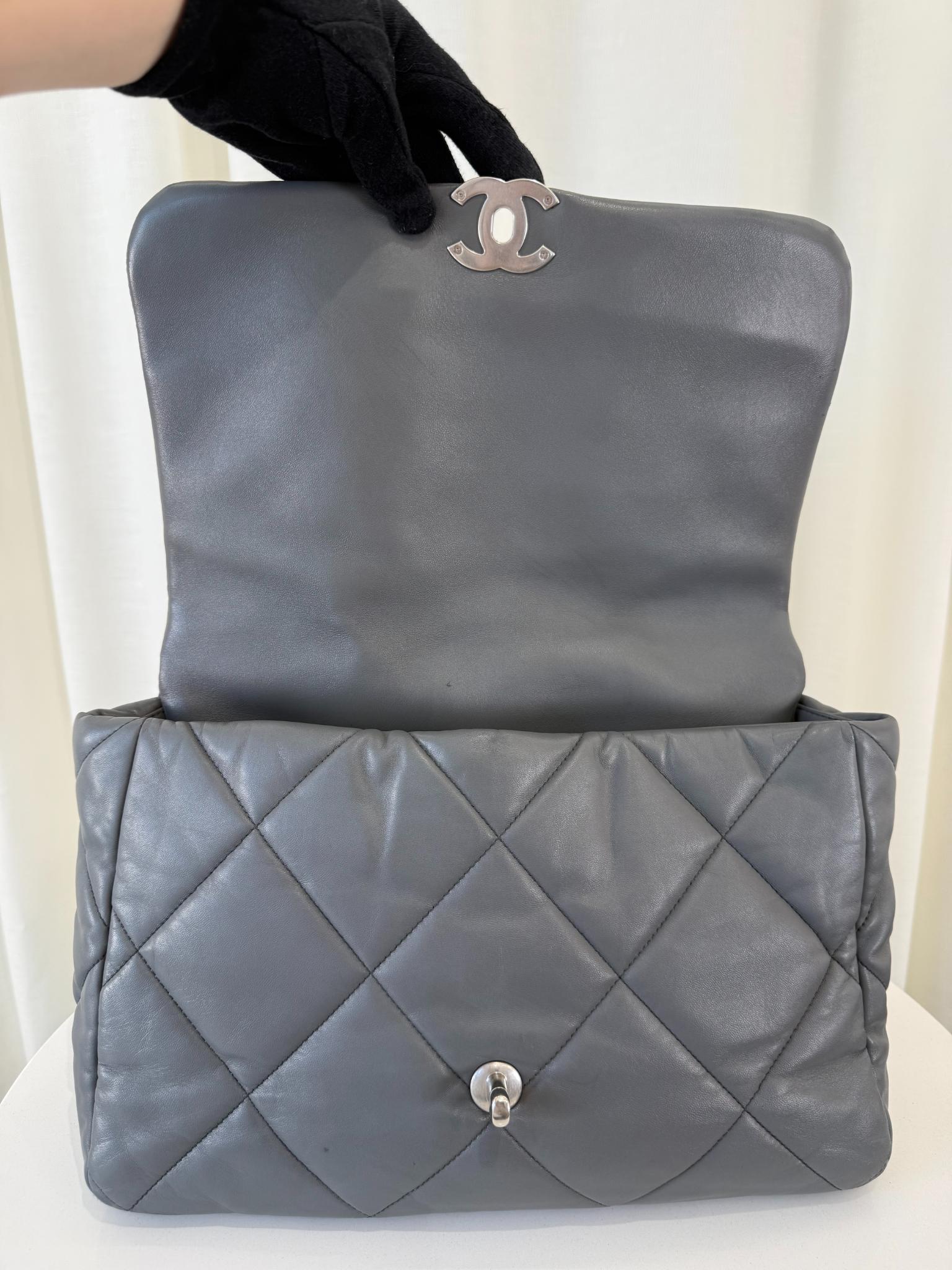 Chanel 19 Maxi Grey Leather Quilted Calfskin Flap Bag