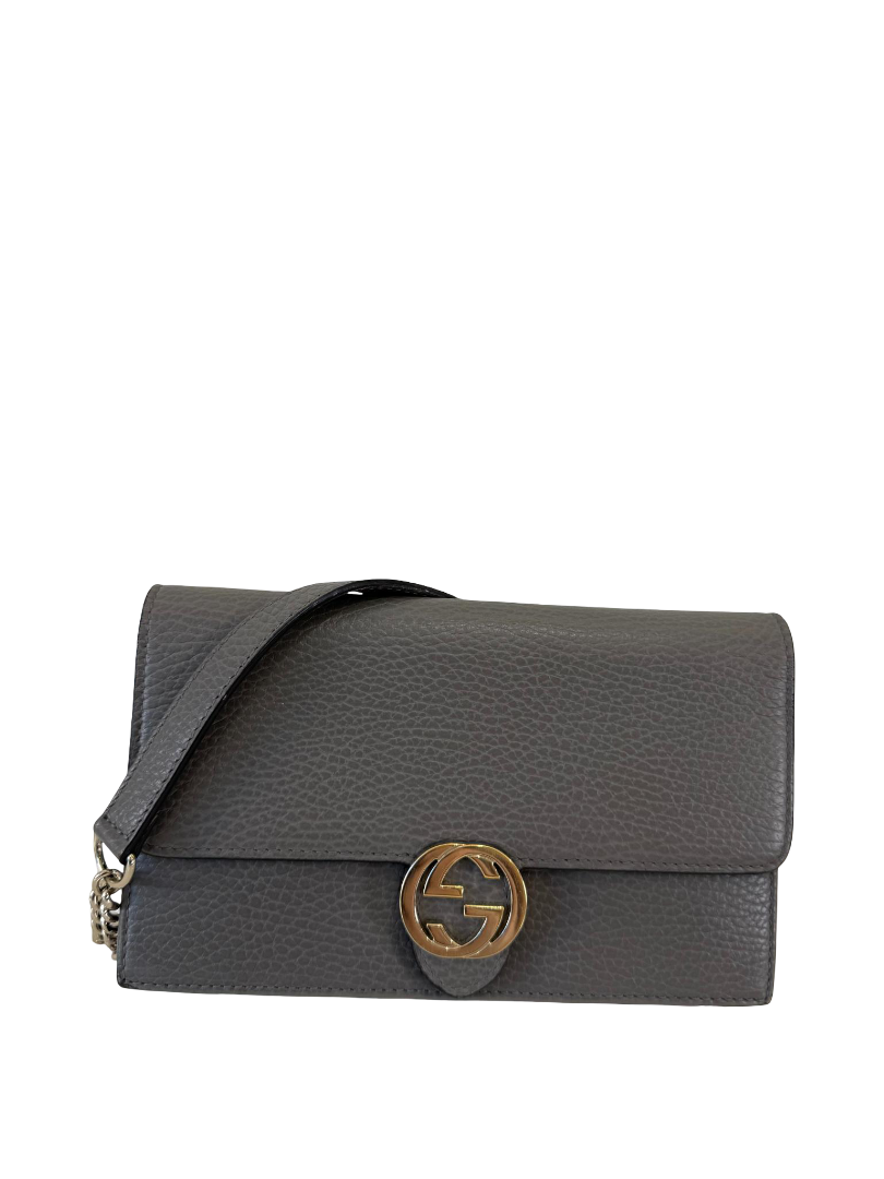 Gucci Grey Interlocking G Chain Leather Wallet on Chain