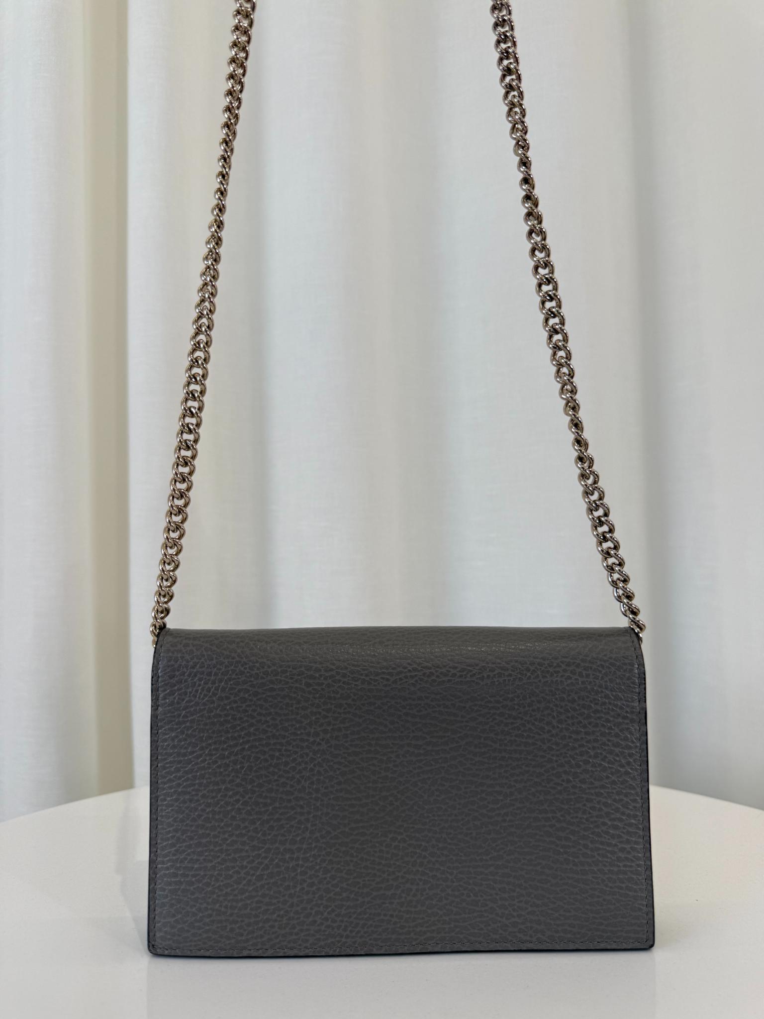 Gucci Grey Interlocking G Chain Leather Wallet on Chain