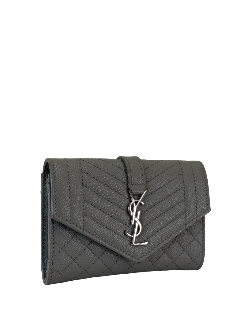 Saint Laurent Gray Quilted Grain de Poudre Small Envelope Wallet