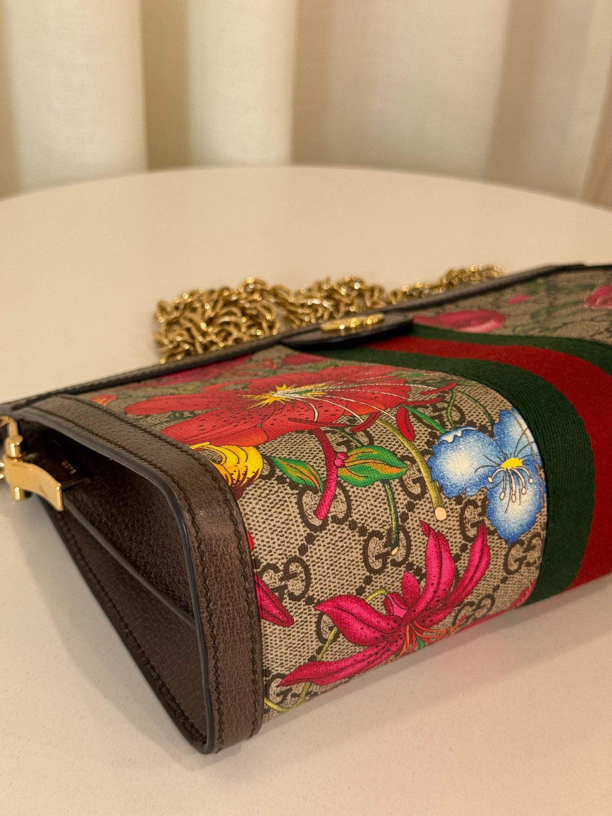 Gucci Small GG Supreme Web Ophidia Flora Chain Crossbody Bag