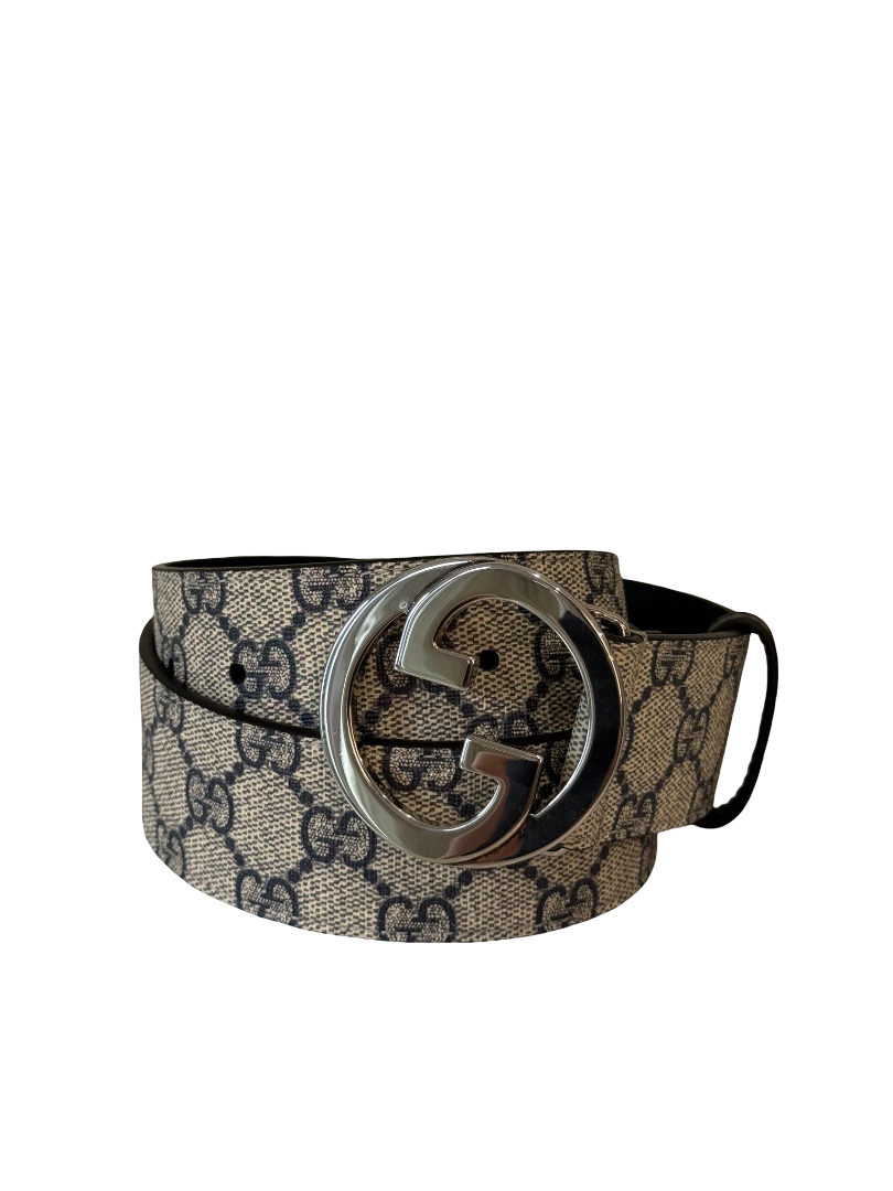 Gucci Beige/Blue GG Supreme Interlocking G Buckle Belt