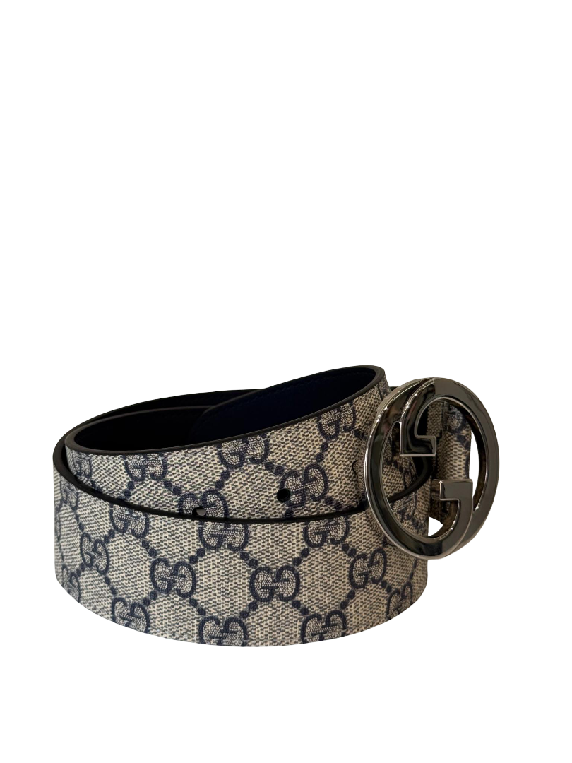 Gucci Beige/Blue GG Supreme Interlocking G Buckle Belt