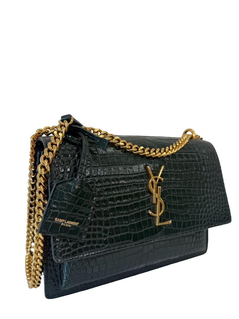 Saint Laurent Sunset Medium Dark Green Crocodile Embossed Leather