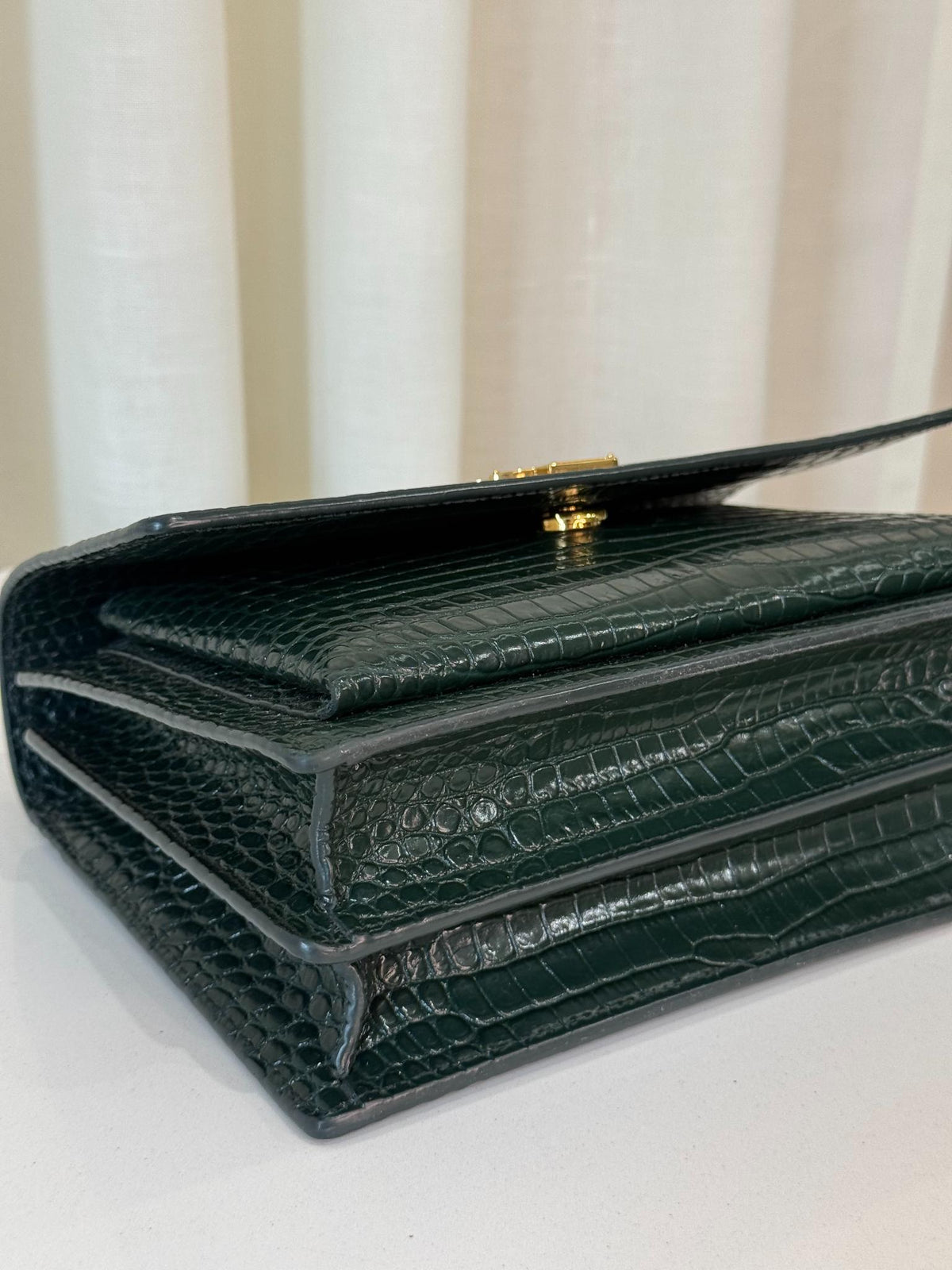 Saint Laurent Sunset Medium Dark Green Crocodile Embossed Leather
