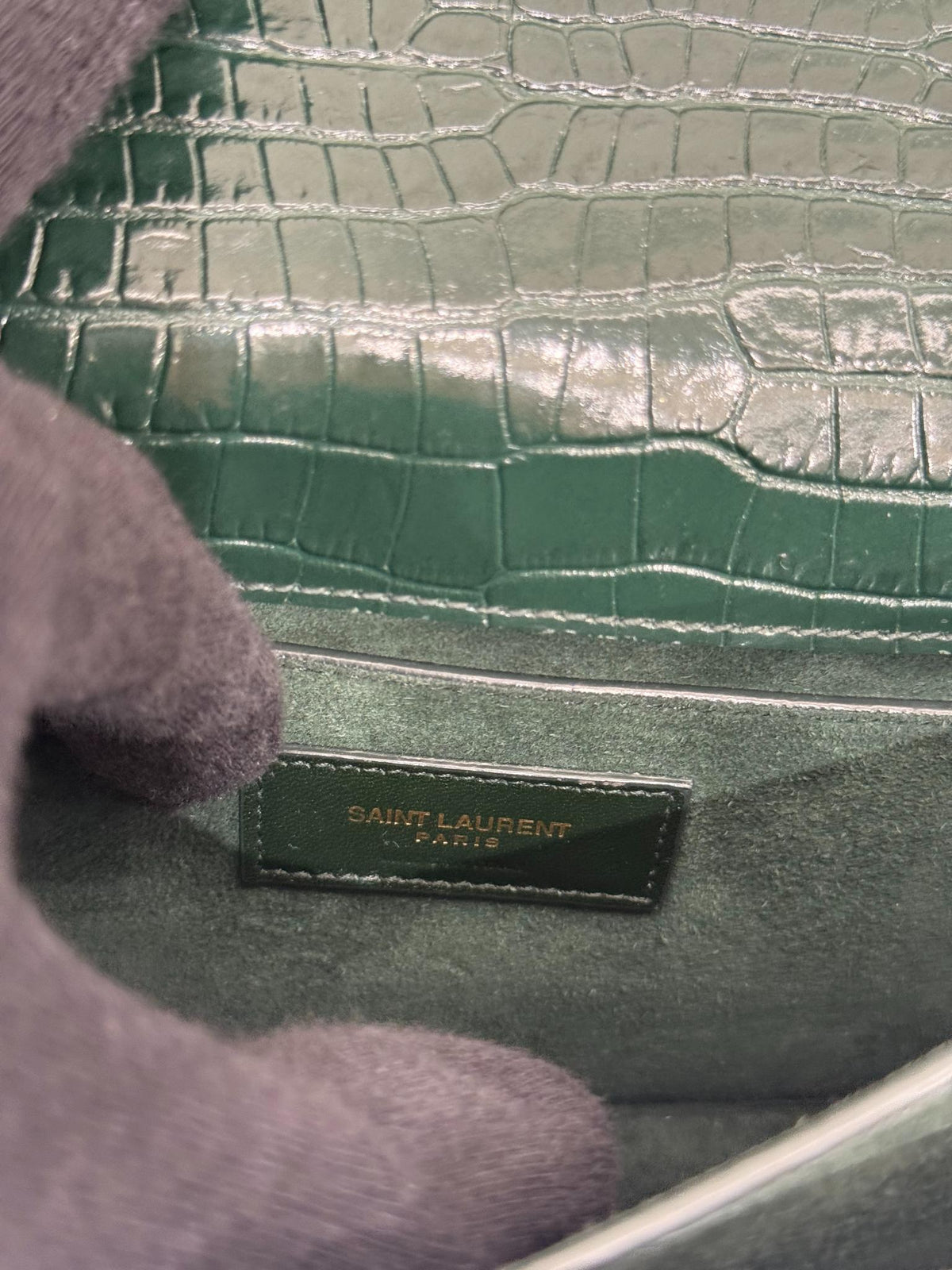Saint Laurent Sunset Medium Dark Green Crocodile Embossed Leather