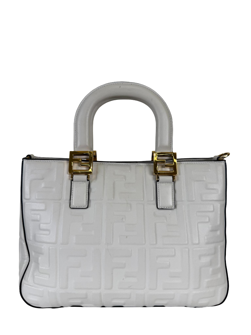 Fendi Sunshine White Embossed  Leather Small Shopper Tote