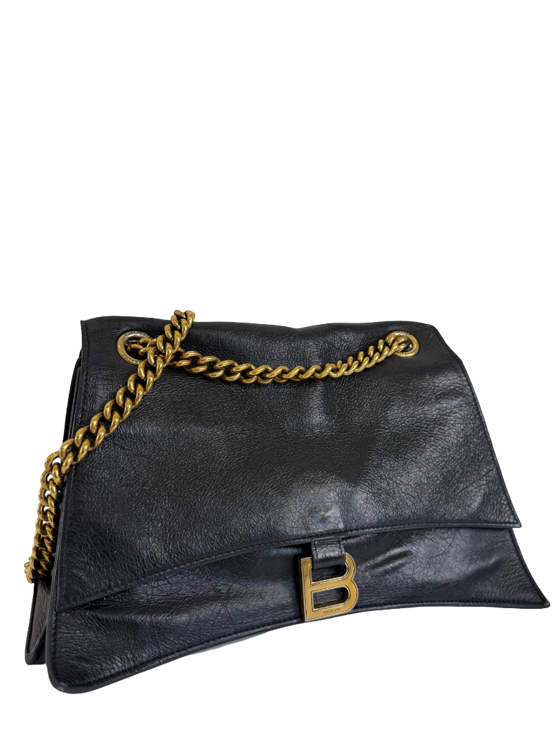Balenciaga Crush Medium Black Crinkled Leather Chain Bag