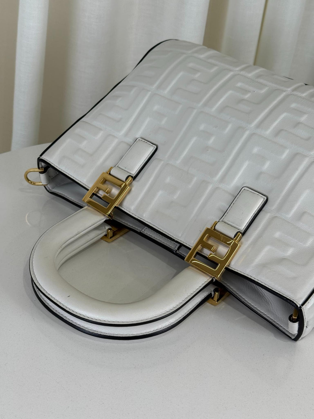 Fendi Sunshine White Embossed  Leather Small Shopper Tote