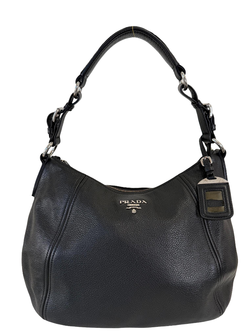 Prada Black Vitello Daino Leather Hobo Bag