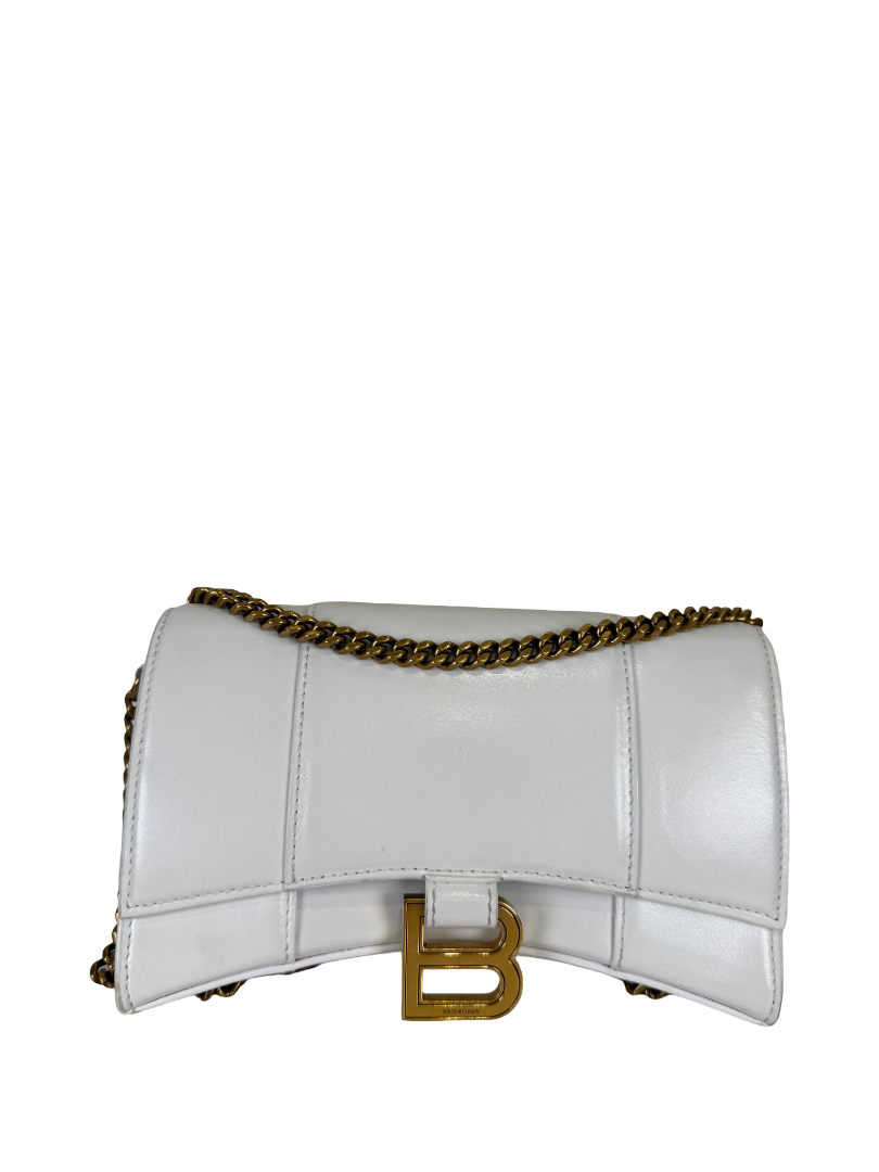 Balenciaga Hourglass Mini Wallet On Chain White Calfskin Leather