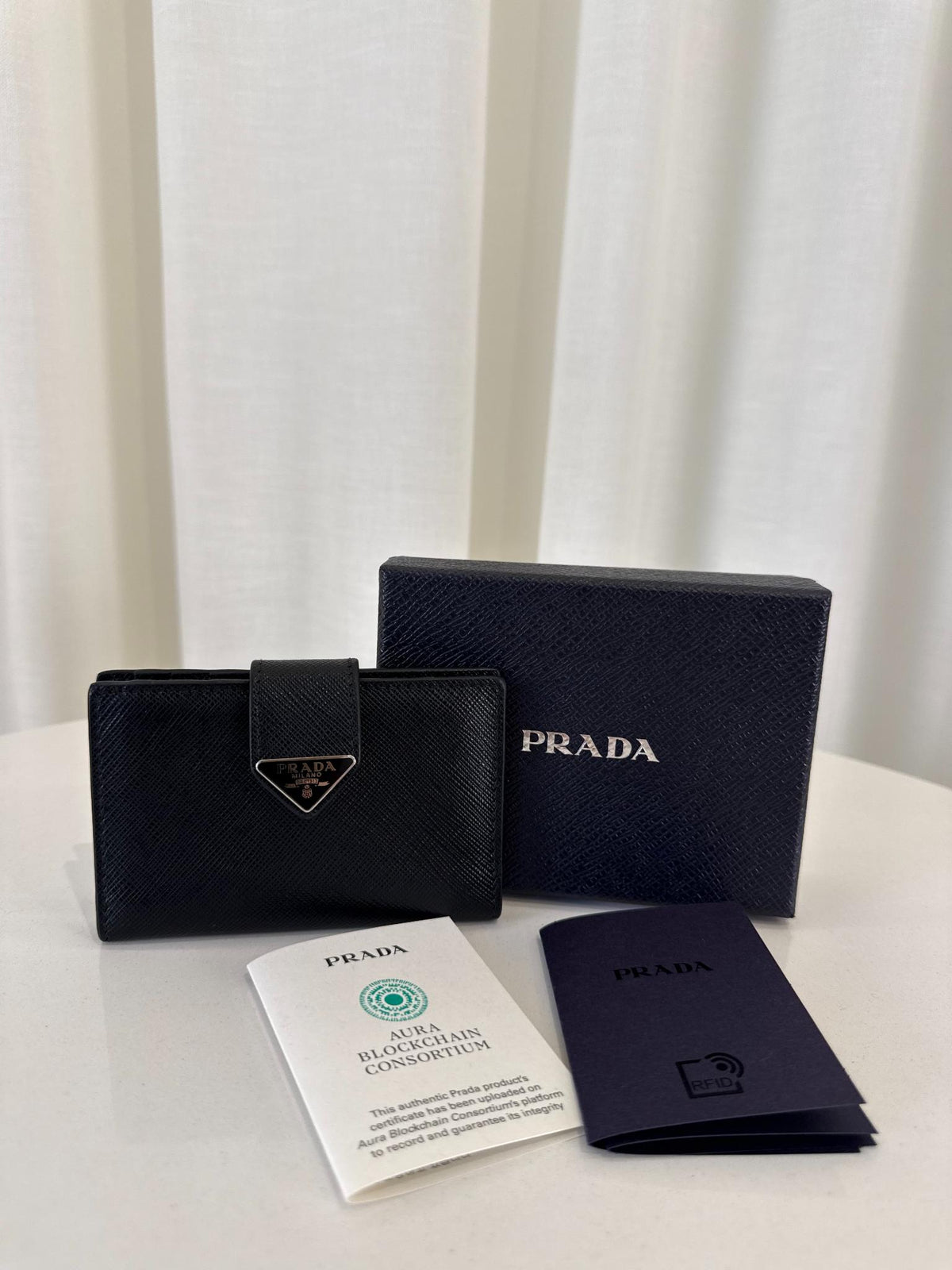 Prada Small Logo Plaque Saffiano Leather Bifold Cardholder