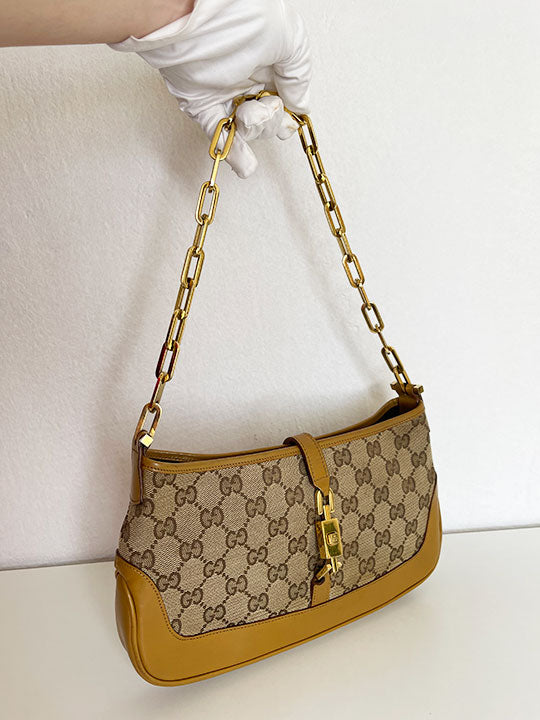 Gucci Jackie Beige GG Canvas and Tan Leather Bag