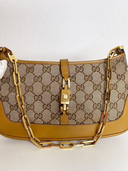Gucci Jackie Beige GG Canvas and Tan Leather Bag