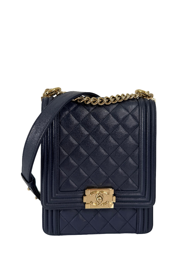 Chanel North South Navy Blue Quilted Boy Flap Bag